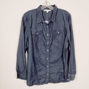 Jones New York Women's Button Down Jean Shirt in Dark Blue Size 2X Snap Buttons